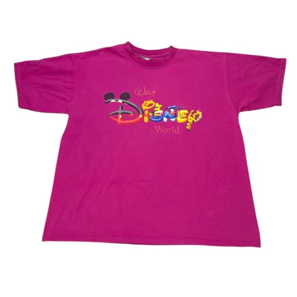 Vintage 80s Walt Disney World Pink Graphic T-Shirt Size L Cotton Short Sleeve